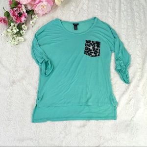 Rue21 Teal Blouse with Leopard Print Pocket